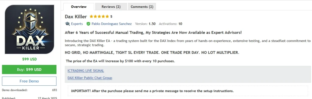 Dax Killer EA vendor site